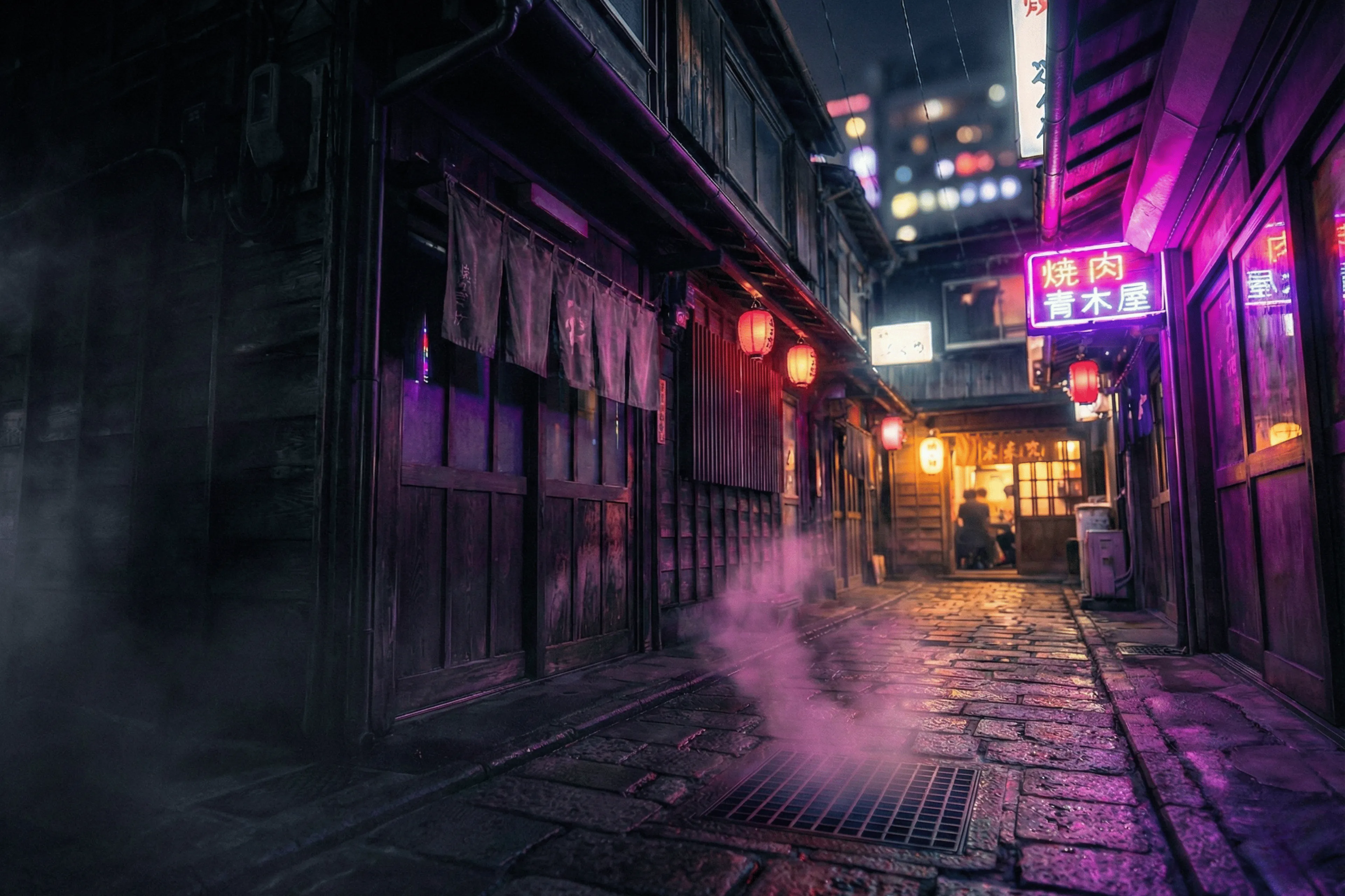 Atmospheric Japanese alleyway at night with neon lights